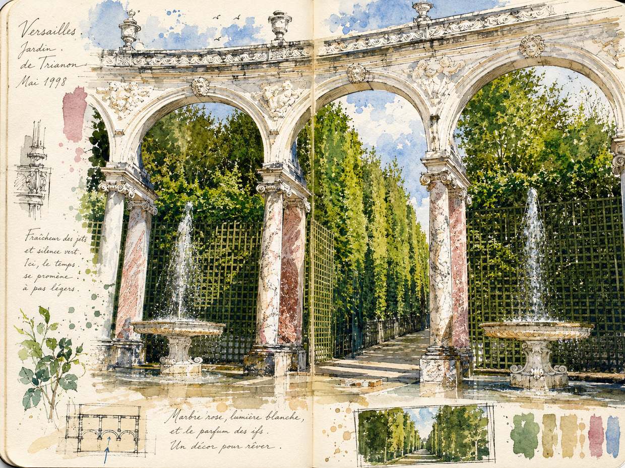 Watercolor carnet - Versailles, Jardin de Trianon, the fountains